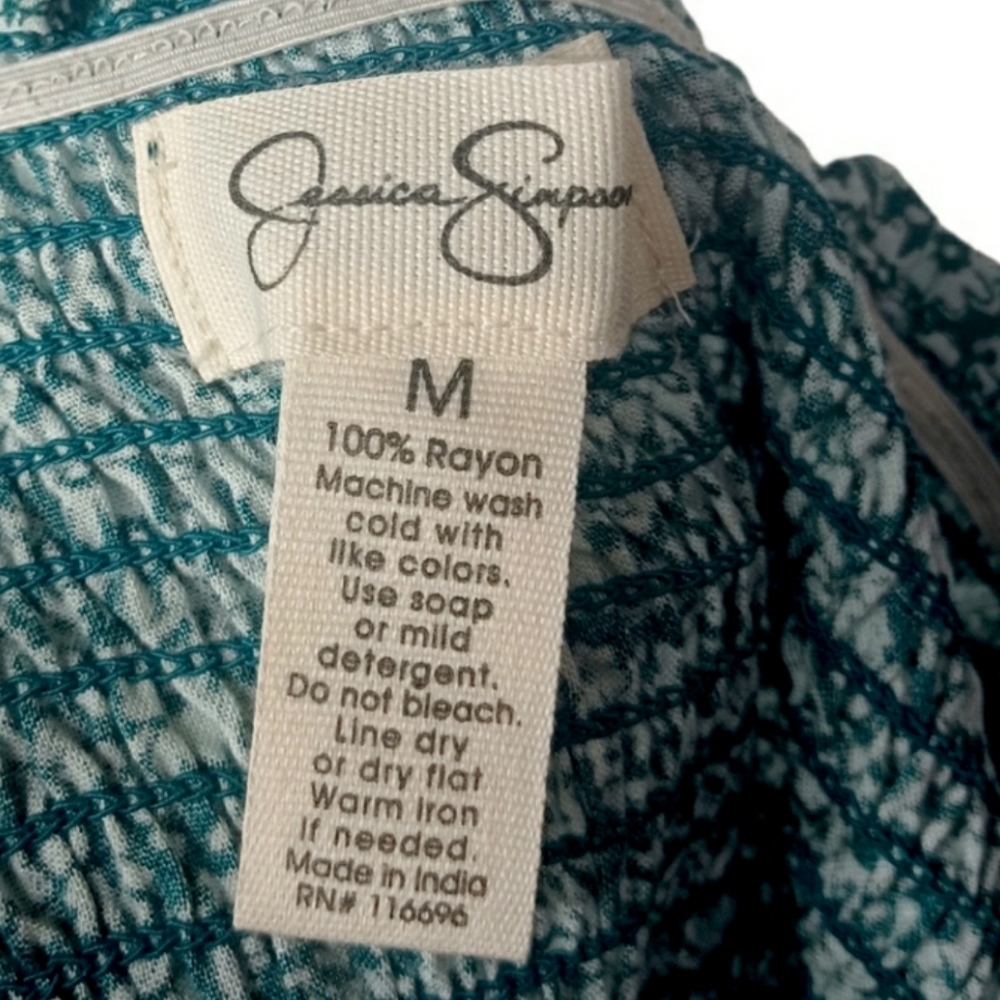 JESSICA SIMPSON Floral Teal Green White Smocked Stretchy Ruching Mini Dress NWT - Picture 5 of 8